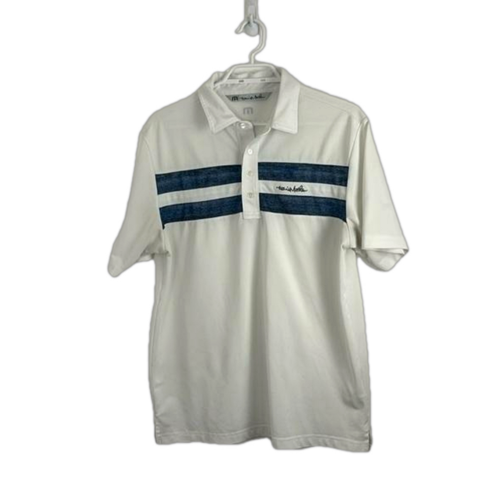 Travis Mathew White Polo Golf Shirt with Blue Front Stripe